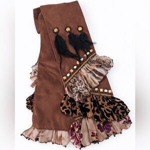 Mary Frances “POUNCE” Ruffle Animal Print Feather Ruffle Embellished Scarf NWT